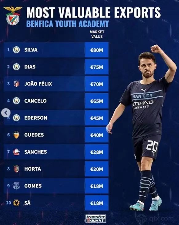 出自本菲卡青訓球員目前身價排名